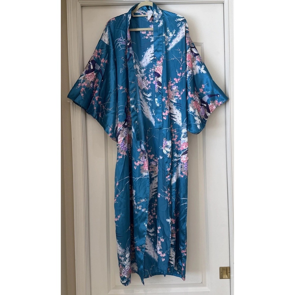 VTG Juguemm Japanese Saten Kimono Teal Floral Birds O/S Robe Art Boho Hippie - Picture 4 of 6